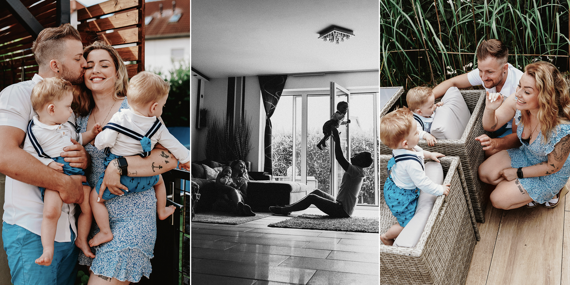 Familienshooting Heidelberg: Geschwister spielen lachend im Wohnzimmer für lebendige und authentische Fotos